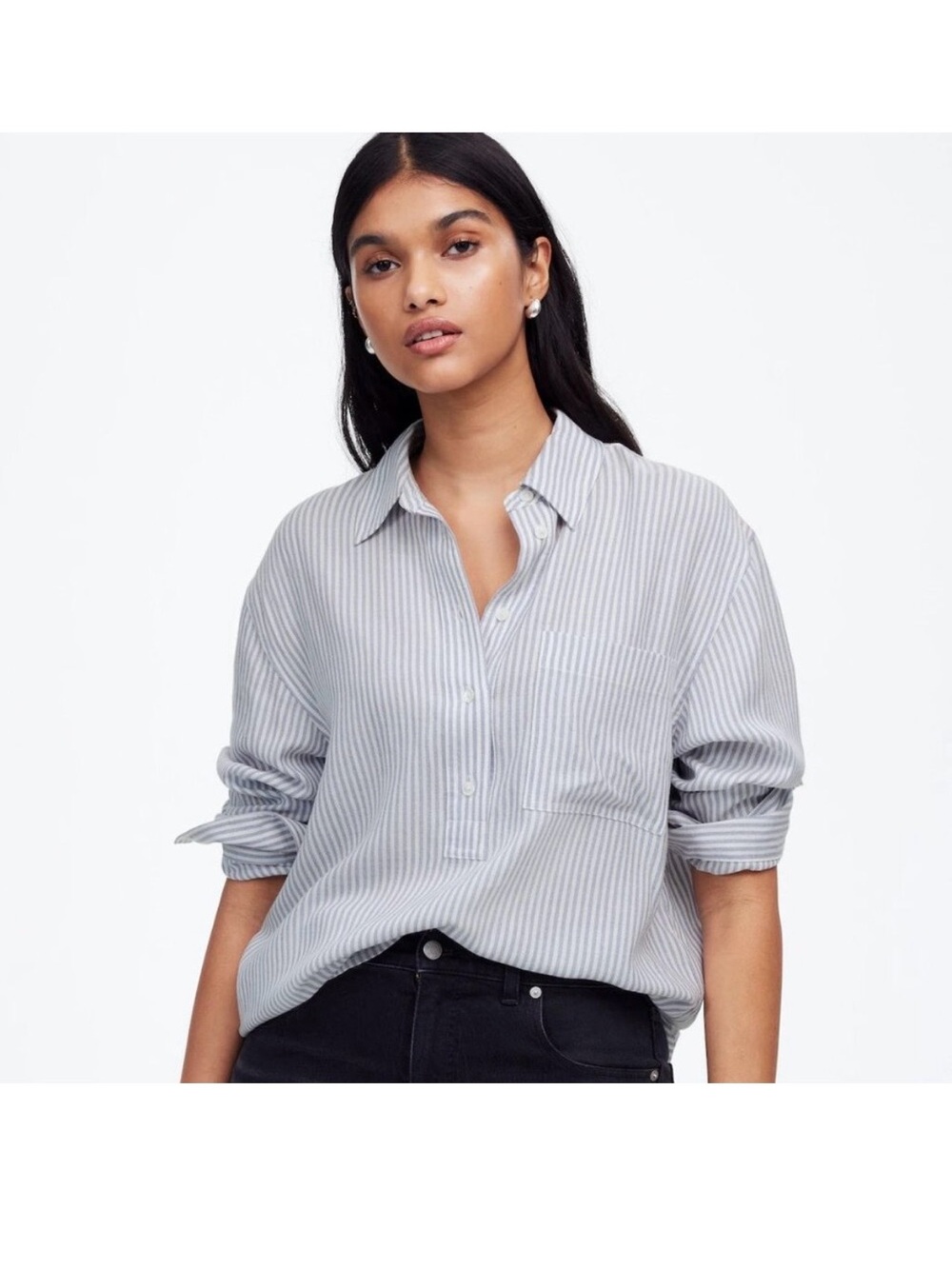 Madewell Drapey Striped Half-Placket Button-Down Shirt - Size L